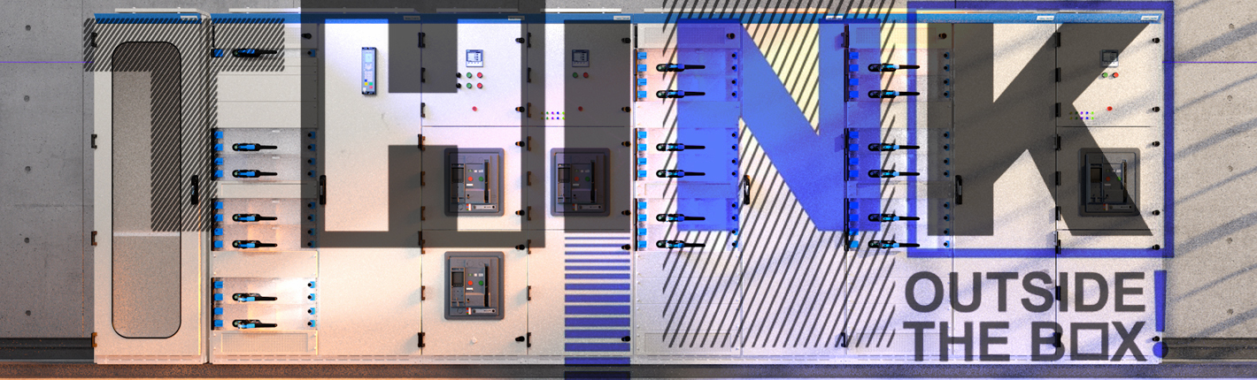 3D Rendering einer Kautz Niederspannungsschaltanlage mit überlagertem Text: Think outside the box