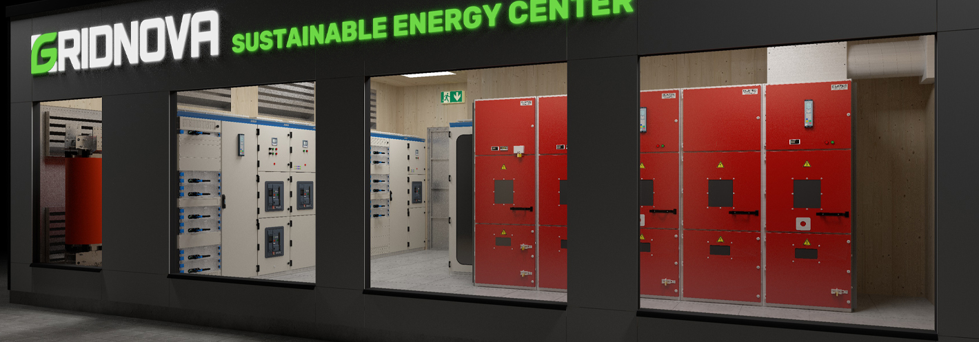 3D Rendering eines "Gridnova Sustainable Energy Center" beleuchtet bei Nacht