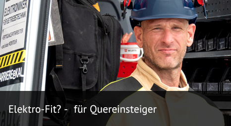 Foto mit einem Servicetechniker in Sicherheitskleidung vor einem Serviceauto mit Bildbeschriftung: Elektro-Fit? - für Quereinsteiger