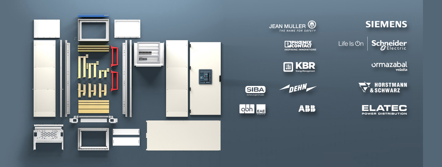 Bild mit Einzelteilen einer Niederspannungsschaltanlage und verschiedenen Logos der Partnerunternehmen von Kautz