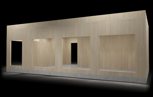 3D Render vom Holzkern einer "Gridnova Sustainable Energy Center" bei Nacht als Teil eines Vorher Nachher Schiebebildes